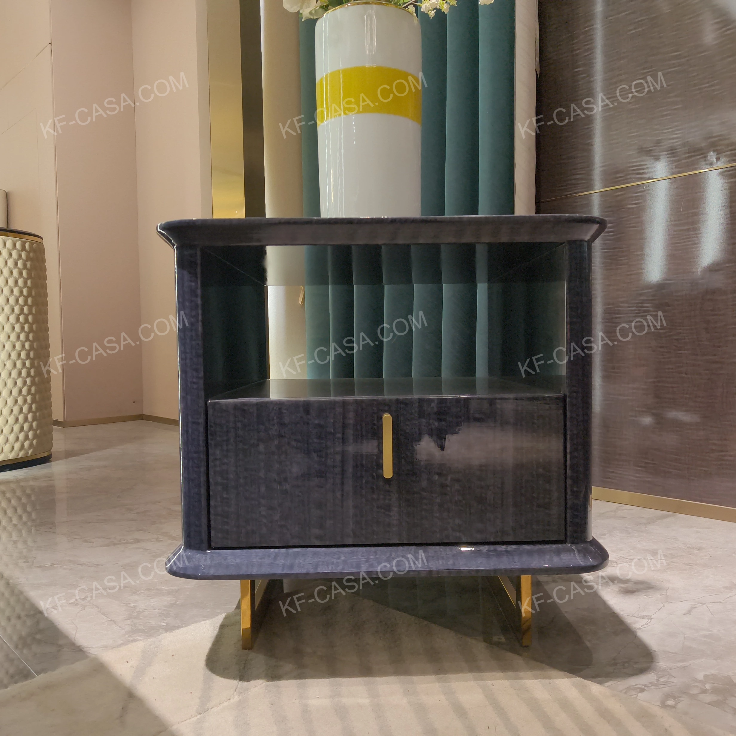 Deep Blue High-Gloss Wood SideTable with Gold Stainless Steel Base & Concealed Storage